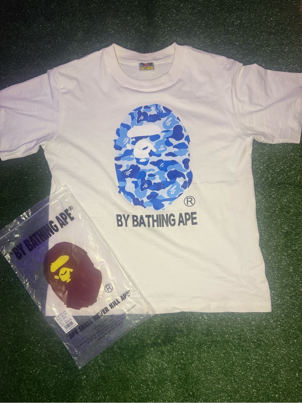 Bape White T-Shirt with Blue Camo Ape Head Graphic